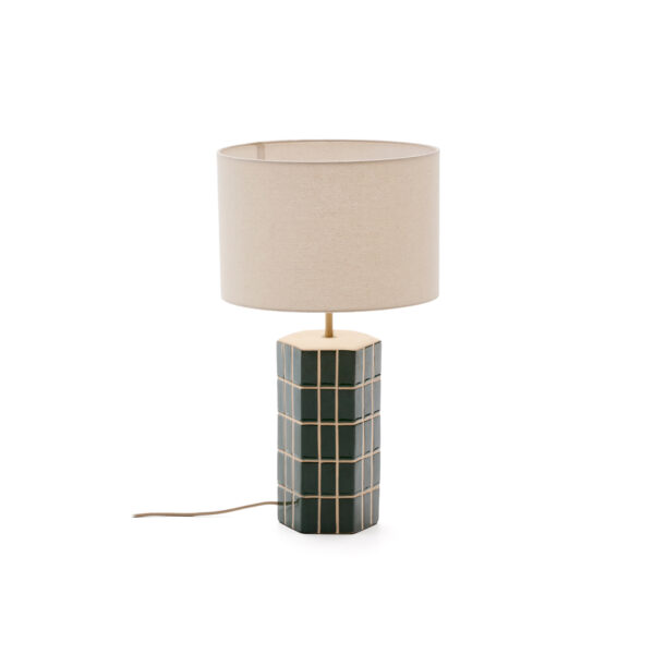 KAVE HOME Rue bordlampe - ecru stof og grøn malet keramisk
