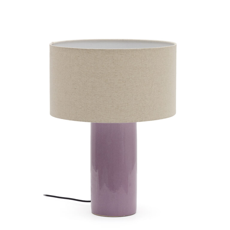 KAVE HOME Tonerisk bordlampe - beige bomuld og lilla keramisk