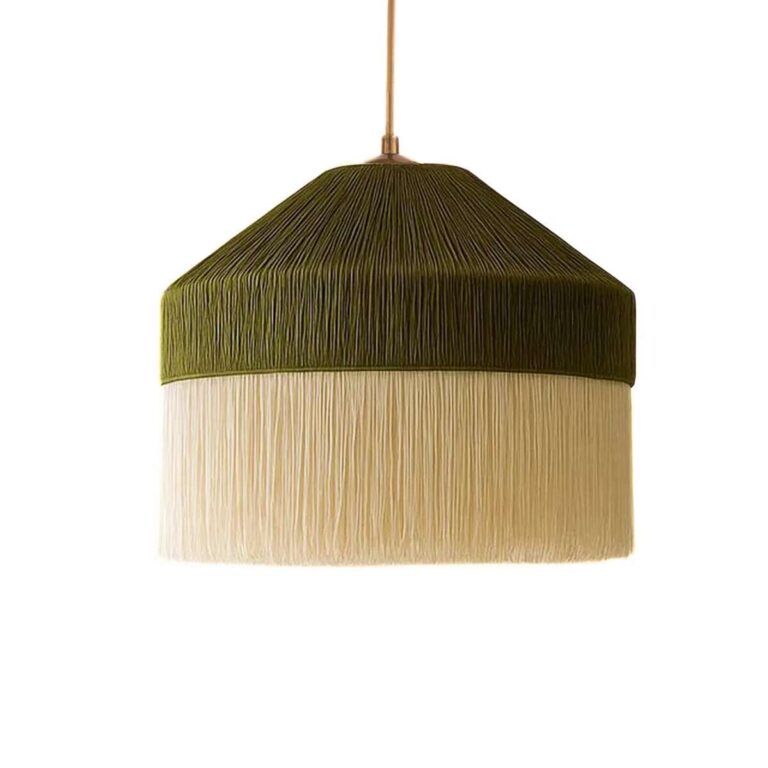 LUMI Ivernia loftlampe, justerbar højde - creme og grøn makramé