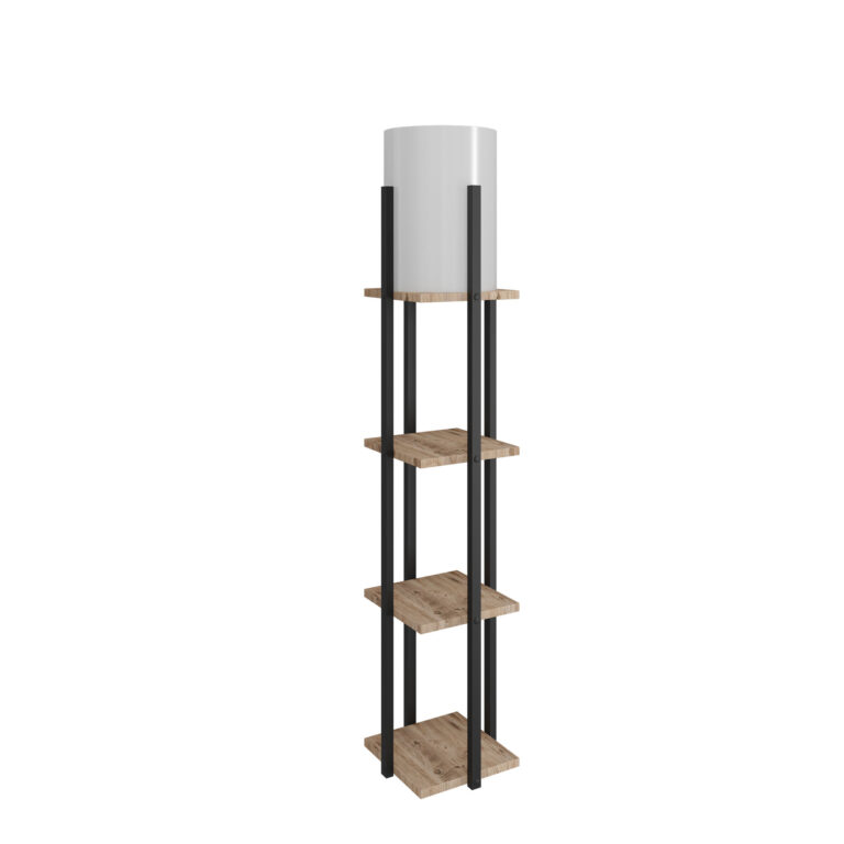 LUMI Lystrion gulvlampe, m. 3 hylder - stof og natur/sort spånplade/MDF