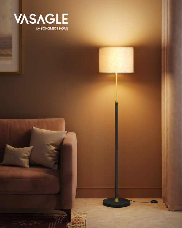 VASAGLE Gulvlampe, Justerbar Højde fra 140 til 170 cm, Moderne Stil, Fodkontakt, Stofskærm, E27 Fatning, Guld og Sort LFL002B02 [Energiklasse F]